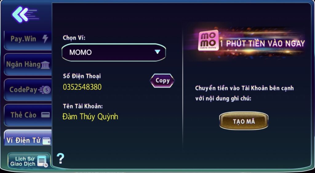 Nạp ví điện tử momo tại 789 Club